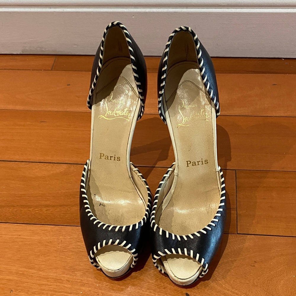 Christian Louboutin Black and Cream Peep-Toe Heels